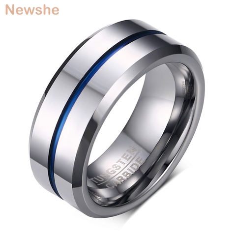 Newshe Men's Wedding Band Tungsten Rings Groove Ring Carbide Blue Line 8mm Size 7-13 Fashionable Jewelry ► Photo 1/6