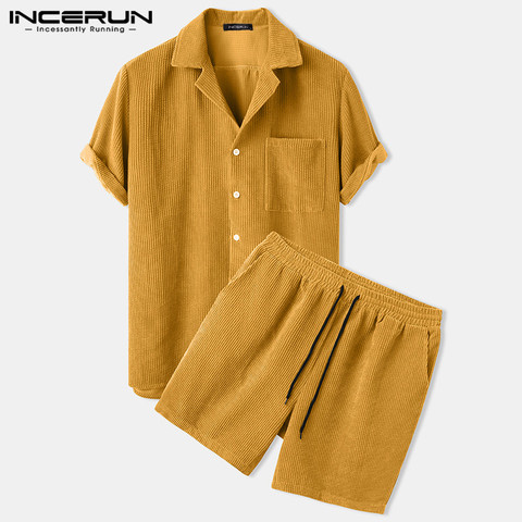 INCERUN Men Corduroy Sets Solid Color Short Sleeve Lapel Button Shirts & Shorts Chic 2022 Streetwear Mens Casual Suits S-5XL ► Photo 1/6