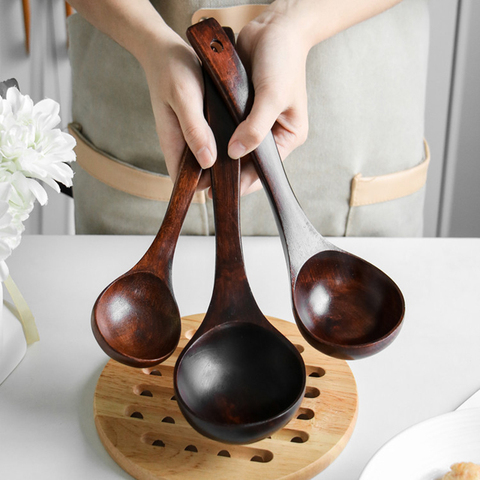 Long Handle Spoons Wooden Korean Style Natural Round Soup Mixing Kitchen  Utensil