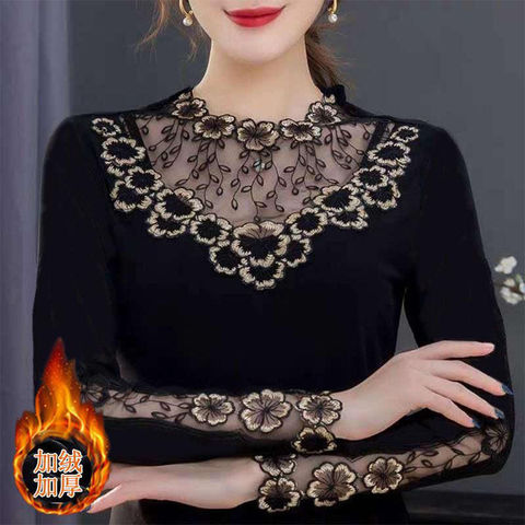 Blouse Women 2022 New Lace round Neck Fall Women's Clothing Mesh Long Sleeve Blusas Ropa De Mujer ► Photo 1/6