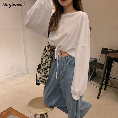 Women Long Sleeve T-shirts Fashion Solid Crop Top Soft Daily Loose Slouchy Drawstring Hem Womens O-Neck Trendy Basic Femme Tees ► Photo 1/6