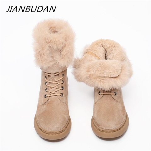 JIANBUDAN Women Boots Suede Leather Women Flat platform Mid-Calf Boots Ladies Shoes Fashion Winter Plush Fur warm Boots 34-43 ► Photo 1/6