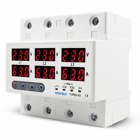 3 Phase 380V Din rail Voltmeter Ammeter adjustable Over and Under Voltage current limit protection Monitor Relays Protector ► Photo 1/6