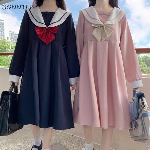 A-line Dress Women Sweet Kawaii Japanese Style College Autumn New Sailor Collar Patchwork Bow Fashion Leisure Loose Popular Chic ► Photo 1/6