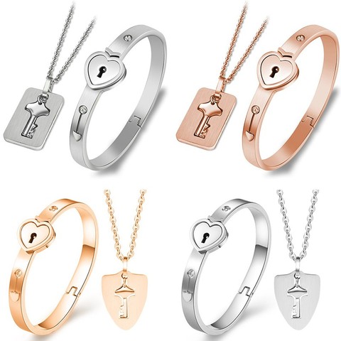 A Couple Lovers Jewelry Love Heart Lock Bracelet Stainless Steel Bracelets Bangles Key Pendant Necklace Jewelry Dropship- ► Photo 1/6