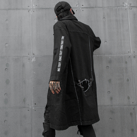 Extra long denim trench coat men Loose Black color Ripped hole Punk Hip pop 2022 Autumn Winter ► Photo 1/6