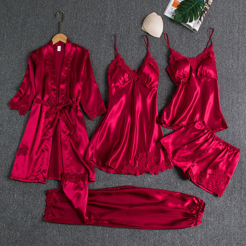 5PCS Sleepwear Female Pajamas Set Satin Pyjamamas Lace Patchwork Bridal Wedding Nightwear Rayon Home Wear Nighty&Robe Suit ► Photo 1/6