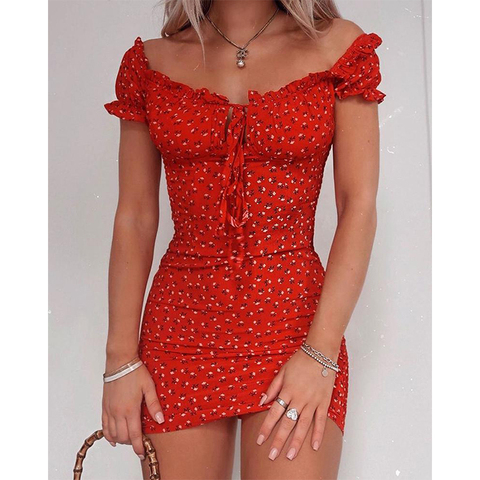 Women Floral Wrap Dress Off Shoulder Tie Up Front Ruffle Mini Dress Summer Office Lady Slash Neck Printed Pencil Dress ► Photo 1/6