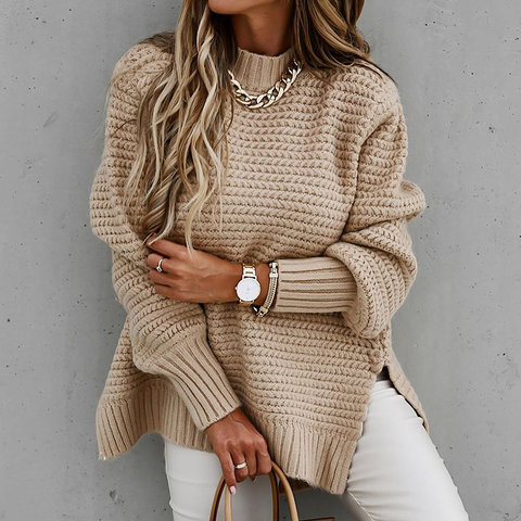 Women's Knitted Sweater Fashion Round Neck Lantern Long-Sleeved Pullover Blouse Ladies Winter Leisure Loose Slit Women Sweater ► Photo 1/6