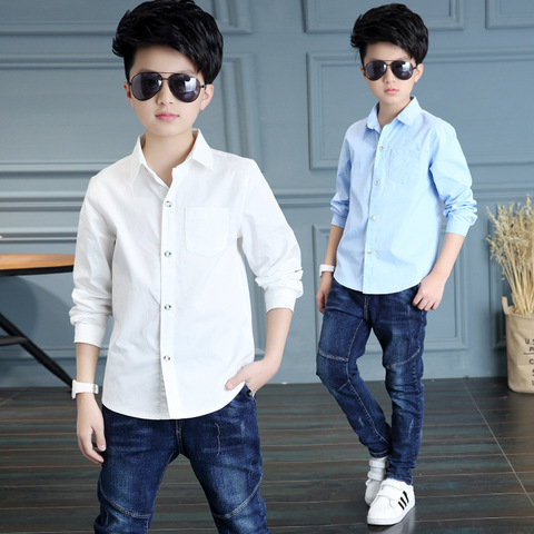 Kids Clothing Spring 2022 Long Sleeve Boys Shirts Fashion Cotton Solid White Shirt Children Turn-down Collar Button Tops 8 12y ► Photo 1/6