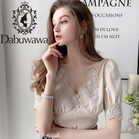 Dabuwawa Elegant Lace Deep V-Neck Blouse Women Casual Solid Puff Sleeve Chiffon Blouses Shirts Tops Office Lady DT1BCF006 ► Photo 1/6