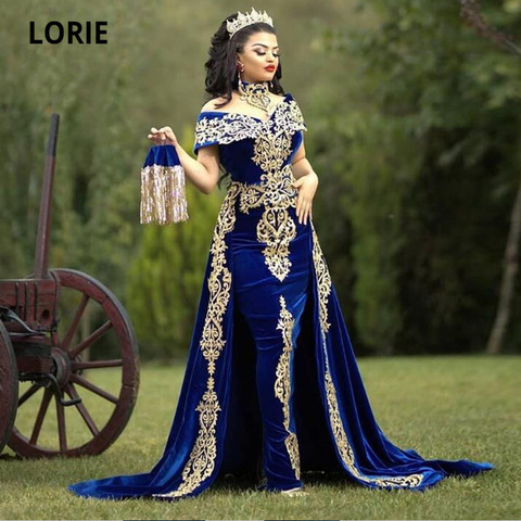 LORIE Moroccan Caftan Evening Dress Gold Appliques Lace Cap Sleeve Royal Blue Mermaid Velvet Arabic Prom Gowns Party Dress ► Photo 1/6