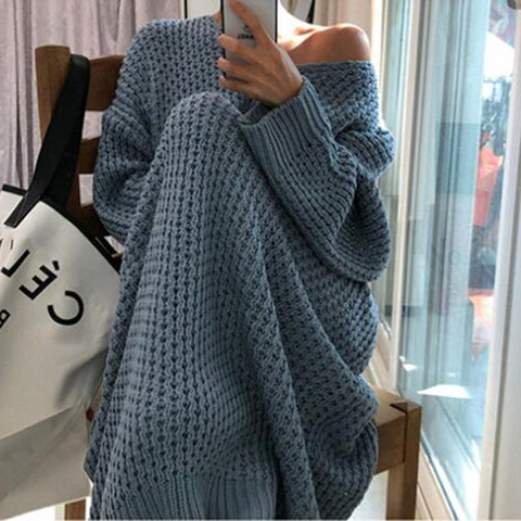 Fashion Oversize Autumn Winter Long Sweater Dress Women Batwing Sleeve Female V-neck Loose Knitted Pullovers Dress Chic ► Photo 1/6