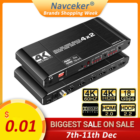 2022 Best HDMI Matrix 4x2 4K 60Hz HDR HDMI ARC Switch Splitter 4 in 2 out Optical SPDIF + 3.5mm jack Audio HIFI HDMI Switcher ► Photo 1/6