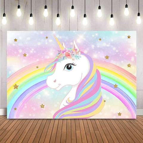 Rainbow unicorn birthday backdrop baby shower bokeh glitter photo background birthday photocall floral birthday party supplies ► Photo 1/6