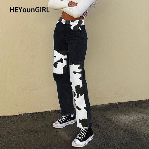 HEYounGIRL Patchwork Cow Print Jeans Women Y2K Casual High Waisted Pants Capris Harajuku 90s Black Long Trousers Ladies Street ► Photo 1/6