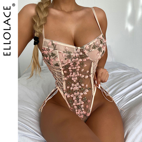 Ellolace Bodysuit Women Lace Bodies For Women Floral Embroidery Lace up Bandage Female Jumpsuit Lace Body Sexy Woman Overalls ► Photo 1/6