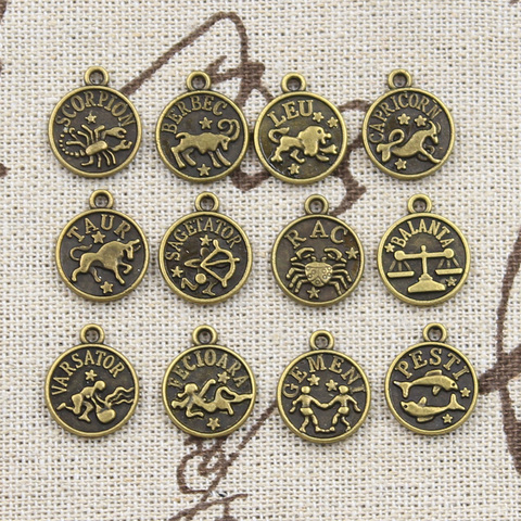 12pcs Charms Pisces Zodiac Vigro Aquarius Taurus Scorpio Pisces Aries Leo Gemini Cancer 12x10mm Tibetan Bronze Color Pendants ► Photo 1/6