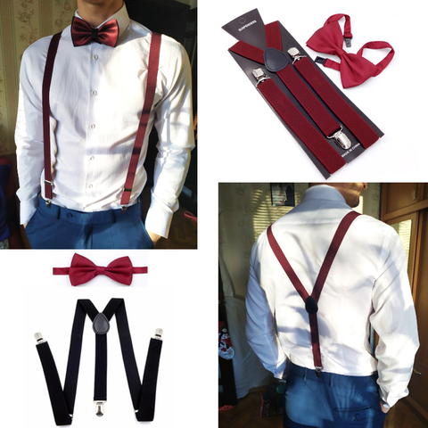 Solid Color Man's Belt Bowtie Set Men Women Suspenders Polyester Y-Back Braces Bow Tie Adjustable Elastic Wedding Tie Accessorie ► Photo 1/6