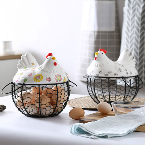 Chicken Egg Basket Wire Egg Holder with Ceramic Farm Chicken Hen