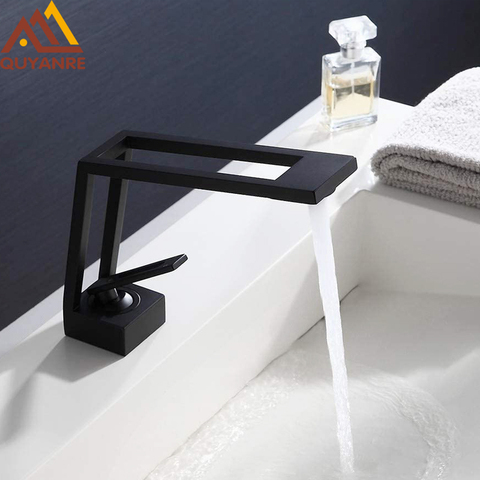 Quyanre Matte Black Basin Faucets Waterfall Basin Mixer Tap Brass Washbasin Faucet Single Handle Hot Cold Mixer Water Crane Tap ► Photo 1/1