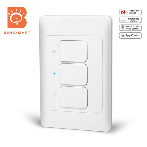 Benexmart US AU Zigbee 3.0 Wall Push Light Switch 1 2 3 Gangs Neutral Required SmartThings Control Physical Switches Interrupter ► Photo 1/6