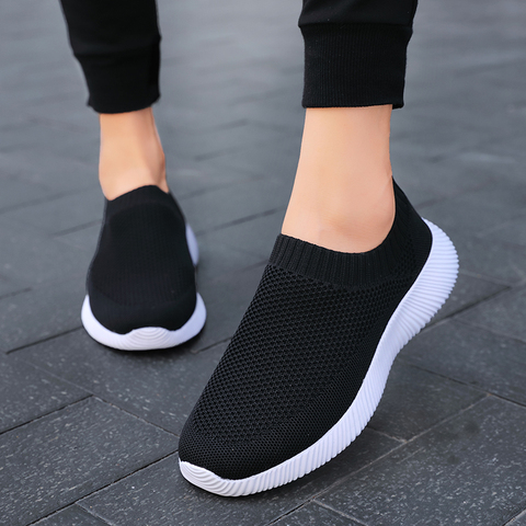 Plus Size 43 Breathable Mesh Platform Sneakers Women Slip on Soft Ladies Casual Running Shoes Woman Knit Sock Shoes Flats ► Photo 1/6