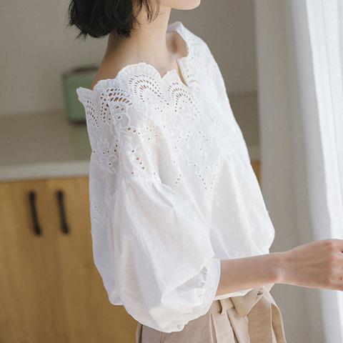 Summer Korea Fashion Women Shirt Loose Off Shoulder Hollow Out Ladies Blouses Cotton Sweet Cute Short Sleeve White Shirt D192 ► Photo 1/6