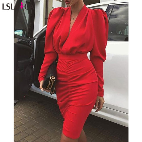 Lslaica Women's new party dress street hipster red V-neck bubble long-sleeved fashion temperament Slim bodycon dress autumn ► Photo 1/3