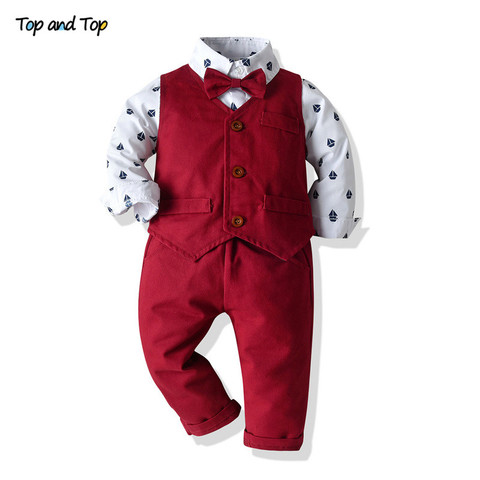 Top and Top Boys Gentleman Clothing Set Cotton Long Sleeve Bowtie Shirt+Waistcoat+Pants 3Pcs Suit Kids Boy Casual Clothes Set ► Photo 1/6