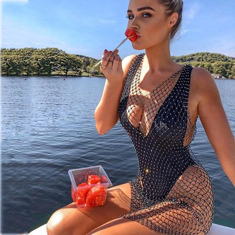 Amphiaraus Crystal Diamond Beach Dress Women Sexy V Neck Hollow Out Rhinestone Sleeveless Bodycon Dress 2022 Mesh Party Dresses ► Photo 1/6