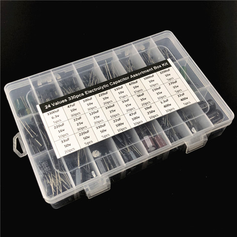 24 values 330pcs 6.3/10V/16V/25V/35/50V/100V/250V/400V (3.3uF ~ 2200uF) mix Electrolytic capacitor Assorted kit with storage box ► Photo 1/5