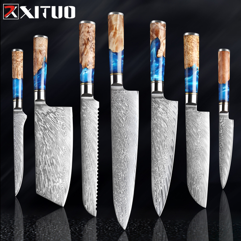 XITUO Kitchen Knives-Set Damascus Steel VG10 Chef Knife Cleaver Paring Bread Knife Blue Resin and Color Wood Handle Cooking Tool ► Photo 1/6