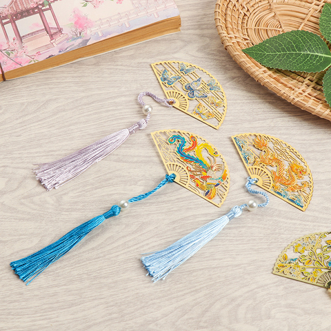 Retro Chinese Style Brass Bookmark Folding Fan Book Clip Pagination Mark Flower Tassel Gifts Stationery School Office Supplies ► Photo 1/6