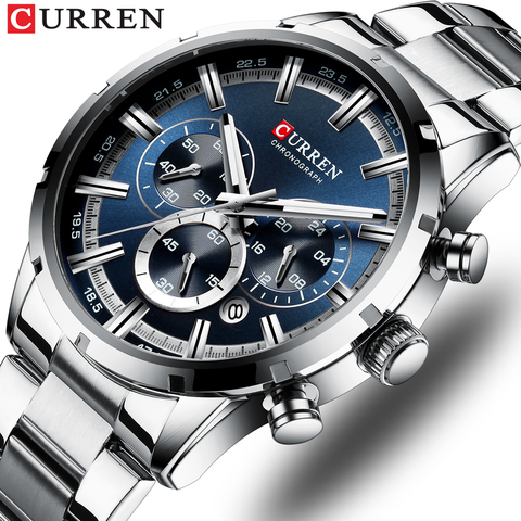 CURREN Top Brand Military Quartz Watches Silver Blue Mens Stainless Steel Chronograph Wristwatch for Male Casual Sporty Clocks ► Photo 1/6