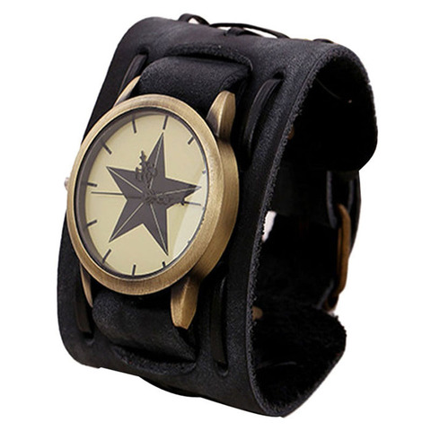 Retro Watch relogio masculino Trendy Star Pattern Dial Quartz Wristwatch Punk Rock Brown Big Wide Leather Bracelet Cuff For Men ► Photo 1/6