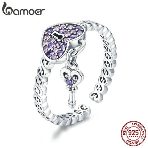 BAMOER Genuine 925 Sterling Silver Love Heart Key Purple CZ Finger Rings for Women Wedding Engagement Jewelry Anel SCR486 ► Photo 1/6