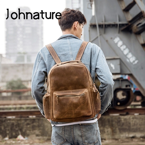 Johnature Handmade Simple Cow Leather Backpack For Men 2022 New Leisure Travel Bag Crazy Horse Leather Vintage Laptop Backpack ► Photo 1/6
