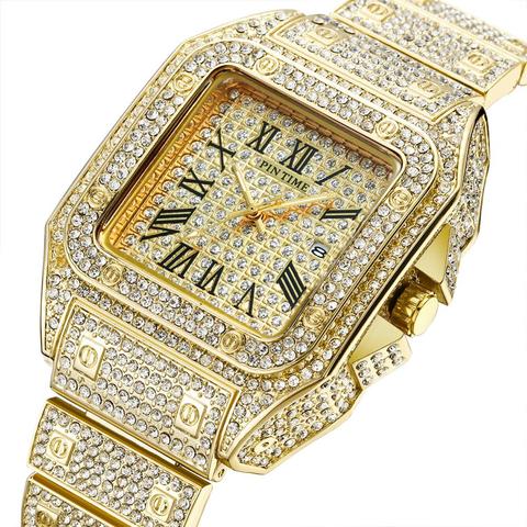 HIP HOP Gold Watch Men Watch Famous Top Brand Luxury Iced Out Male Quartz Watchs Square Diamond Calendar Wristwatch Mens Clock ► Photo 1/6