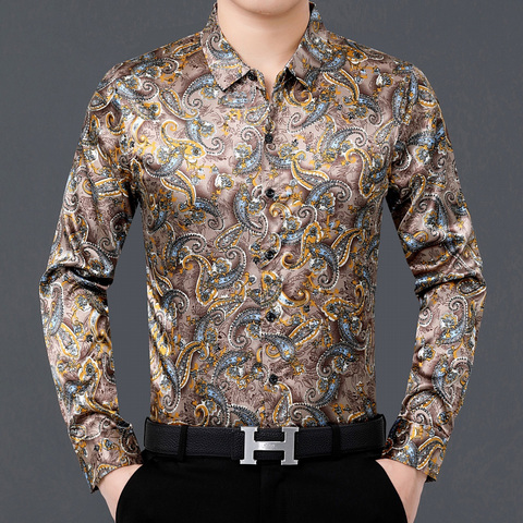 New Male Poplin Dresses Elegant Printing Man Silk Shirts Long Sleeved Satin Soft Clothes Free Shipping ► Photo 1/6