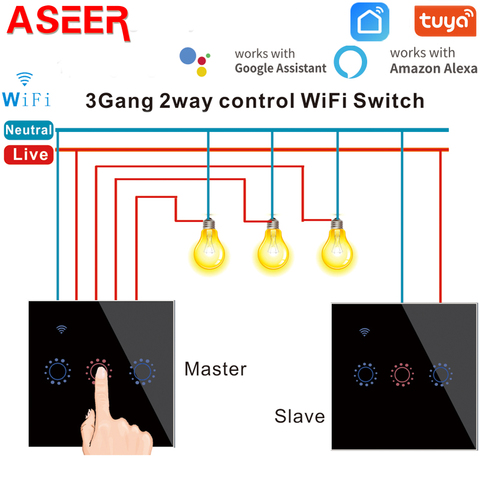 ASEER 2pcs/Set  Tuya Smart 1/2/3 Gang 2 Way WIFI Switch Glass Wall Touch Switches Compatible Alexa Google Home Voice Control ► Photo 1/6