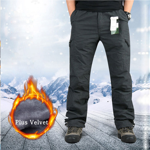 Men Winter Pants Military Trousers 6 Pockets Fleece Warm Cargo