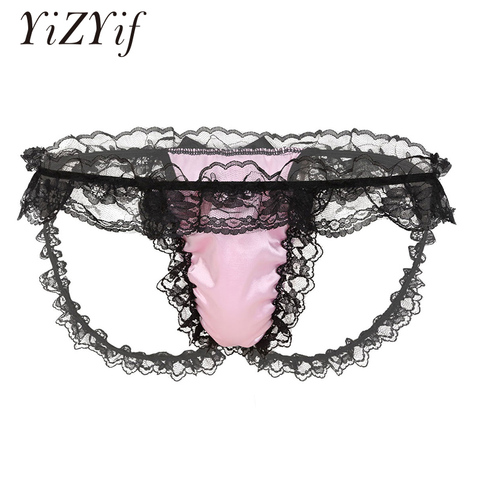 Mens Sissy Satin Lingerie Sexy underwear thongs Low Rise Bulge Pouch T-back Frilly Ruffled Lace Bikini Thong Briefs Underwear ► Photo 1/6