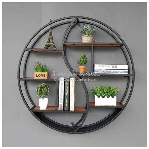 European style living room wall hanging rack creative solid wood shelf partition wall round display decorative frame 80cm ► Photo 1/3