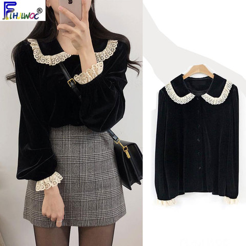 Cute Sweet Peter Pan Collar Tops Women Flare Sleeve Preppy Style Date Wear Patchwork White Lace Button Shirt Blouse Vintage 1157 ► Photo 1/6