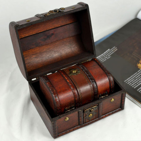 2 Pcs Small Big Set Vintage Wooden Treasure Chest Necklace Bracelet Earrings Holder Storage Box Jewelry Packaging ► Photo 1/6