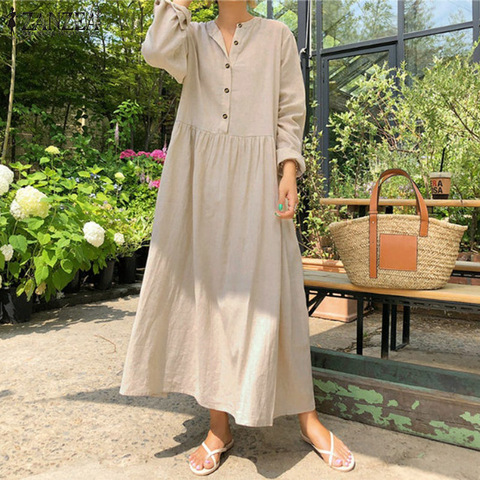 2022 Autumn ZANZEA Women Casual Solid Long Shirt Dress Pockets Long Maxi Vestidos Office Lady Work Cotton Dress Party Robe Femme ► Photo 1/6