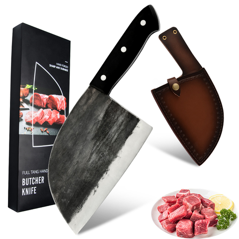 Full Tang Chef Camping Serbian Butcher Knife Gift Box Cover Sheath Handmade Forged Clad Steel Kitchen Cleaver Broad Knife Tool ► Photo 1/6
