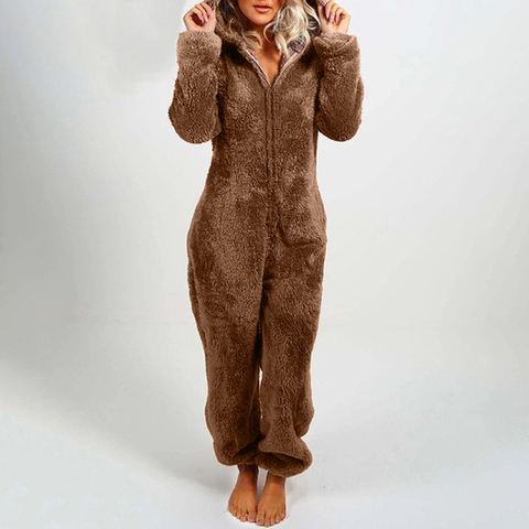 Women's Plush Romper Autumn Winter Flannel Pajamas Long-Sleeve Zipper High Neck Hat Keep Warm Girl’s Clothes Sleepwear Homewear ► Photo 1/6