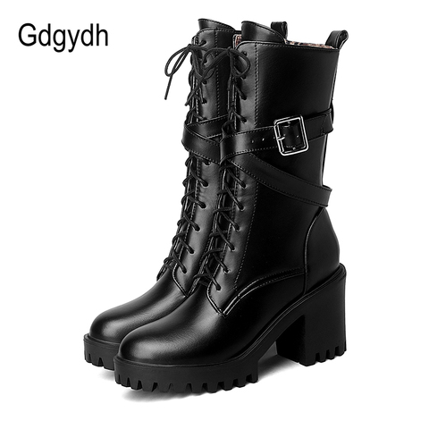 Gdgydh Women Mid-calf Boots Round Toe Thick High Heel Platform Shoes Soft Leather Punk Female Motorcycle Boots Plus Size 34-43 ► Photo 1/6